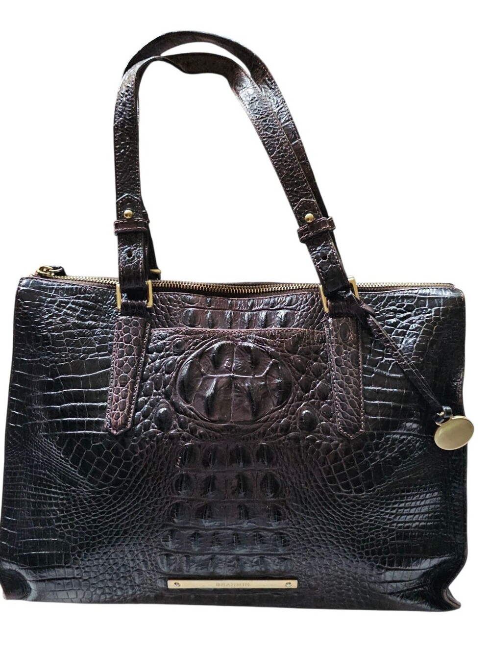 Brahmin Melbourne Tote Chocolate Brown Croc Embossed Leather Gold Hardware